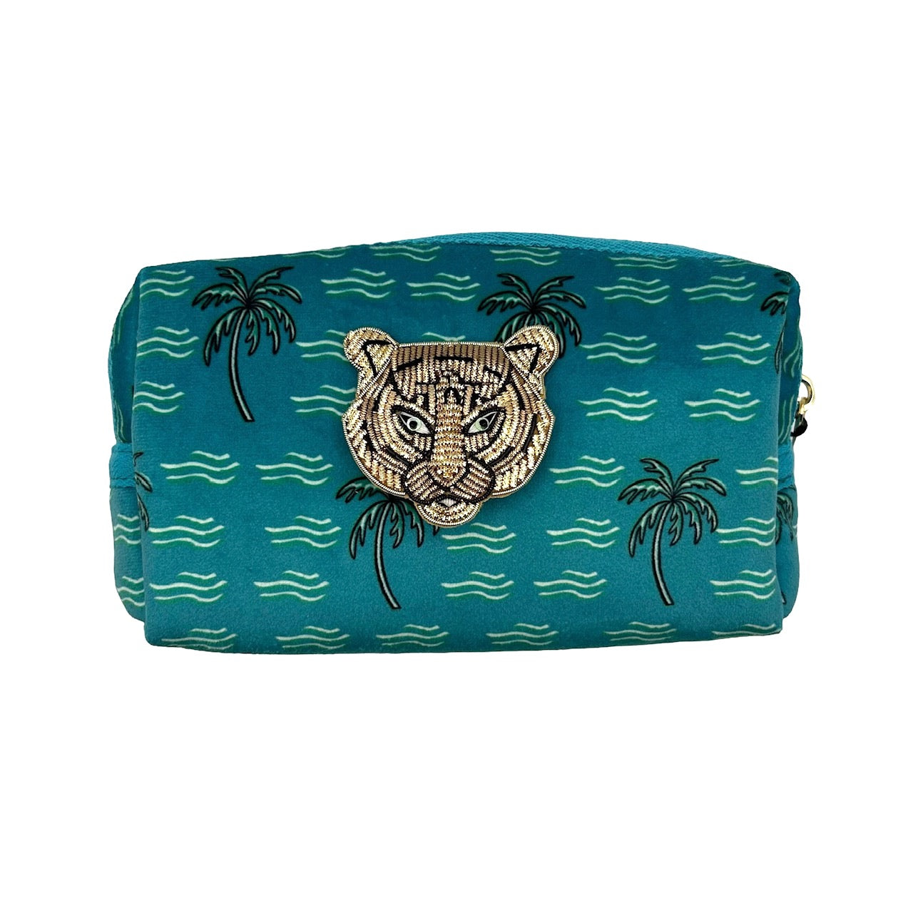 Teal palm large make-up bag & tiger brooch - recycled velvet, large and small
