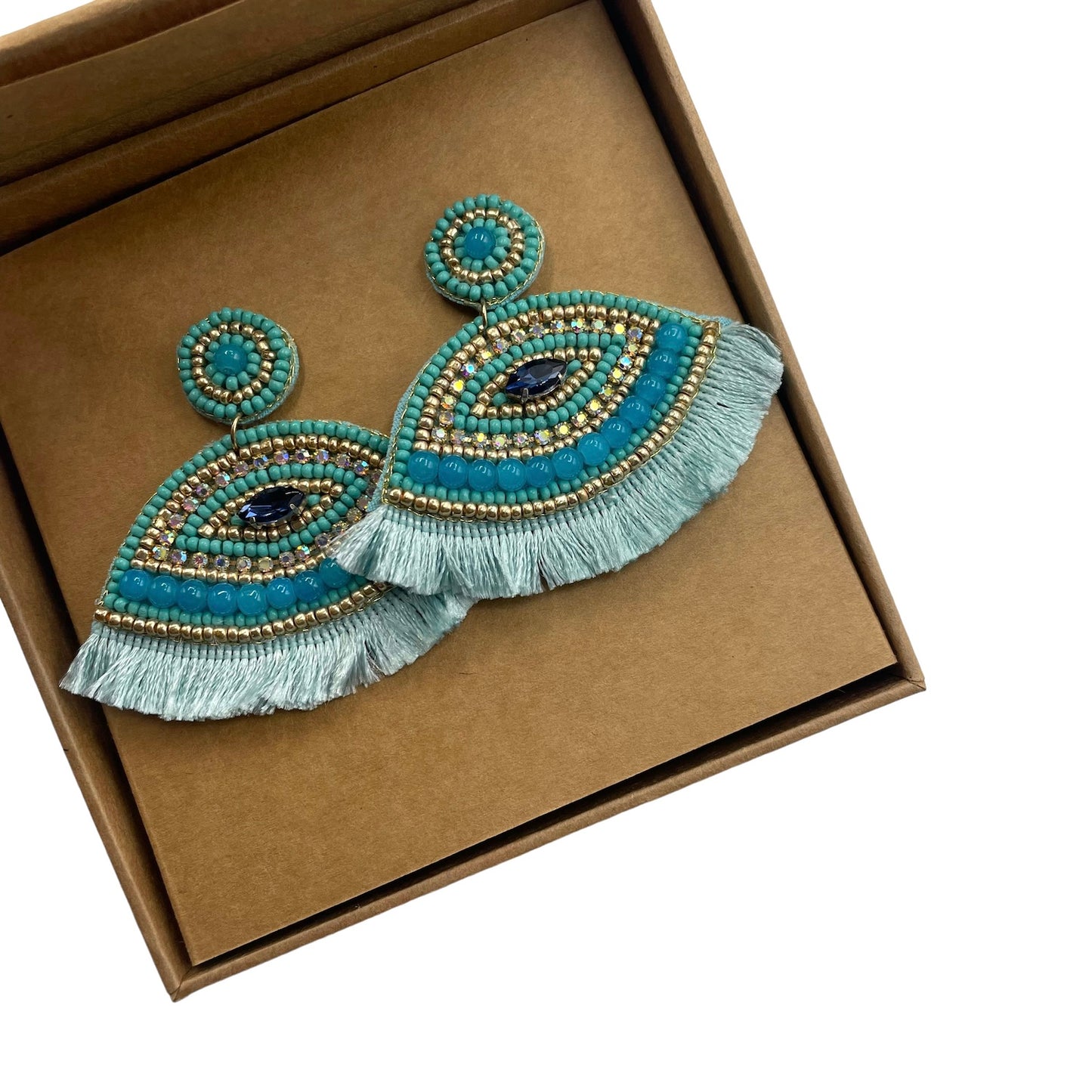 Turquoise tassle lash beaded eye earrings