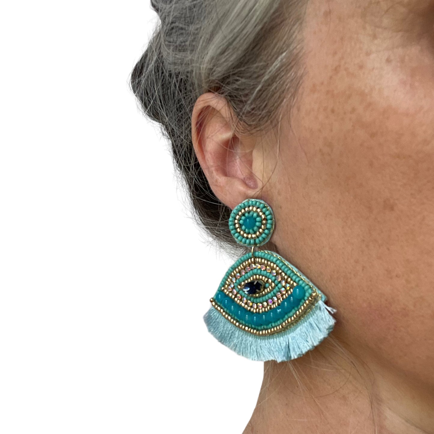 Turquoise tassle lash beaded eye earrings