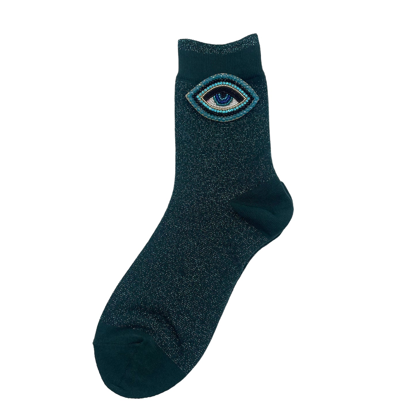 Tokyo socks in teal with a turquoise eye brooch
