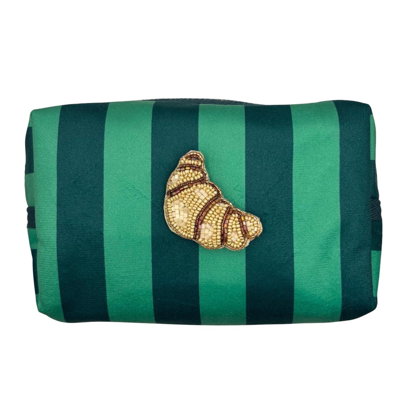 Large Teal stripe makeup bag with Croissant brooch