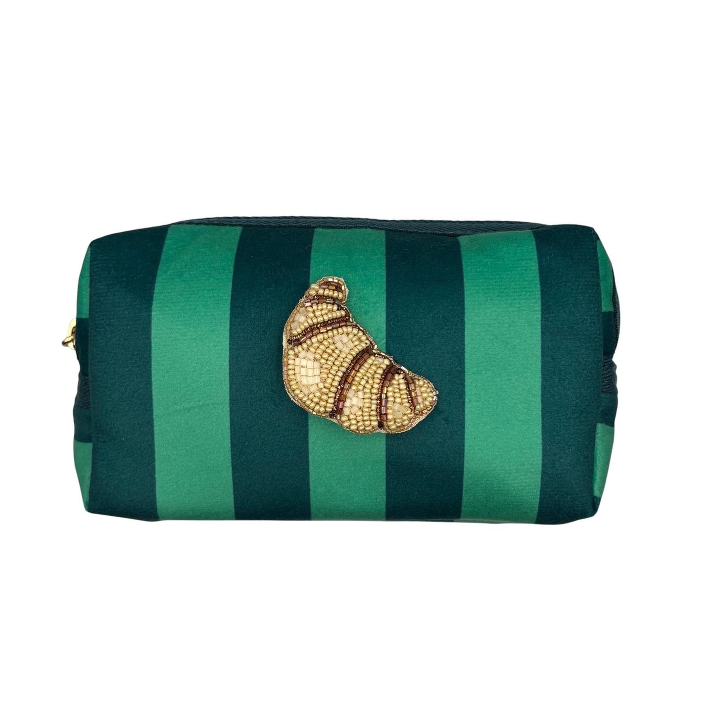Small Teal stripe makeup bag with Croissant brooch