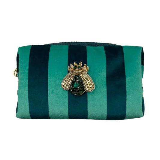 Teal stripe makeup bag with Green Insect pin