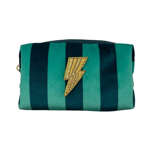 Teal stripe makeup bag with Lightning Bolt pin