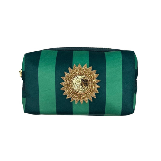 Small Teal stripe makeup bag with Sunshine brooch