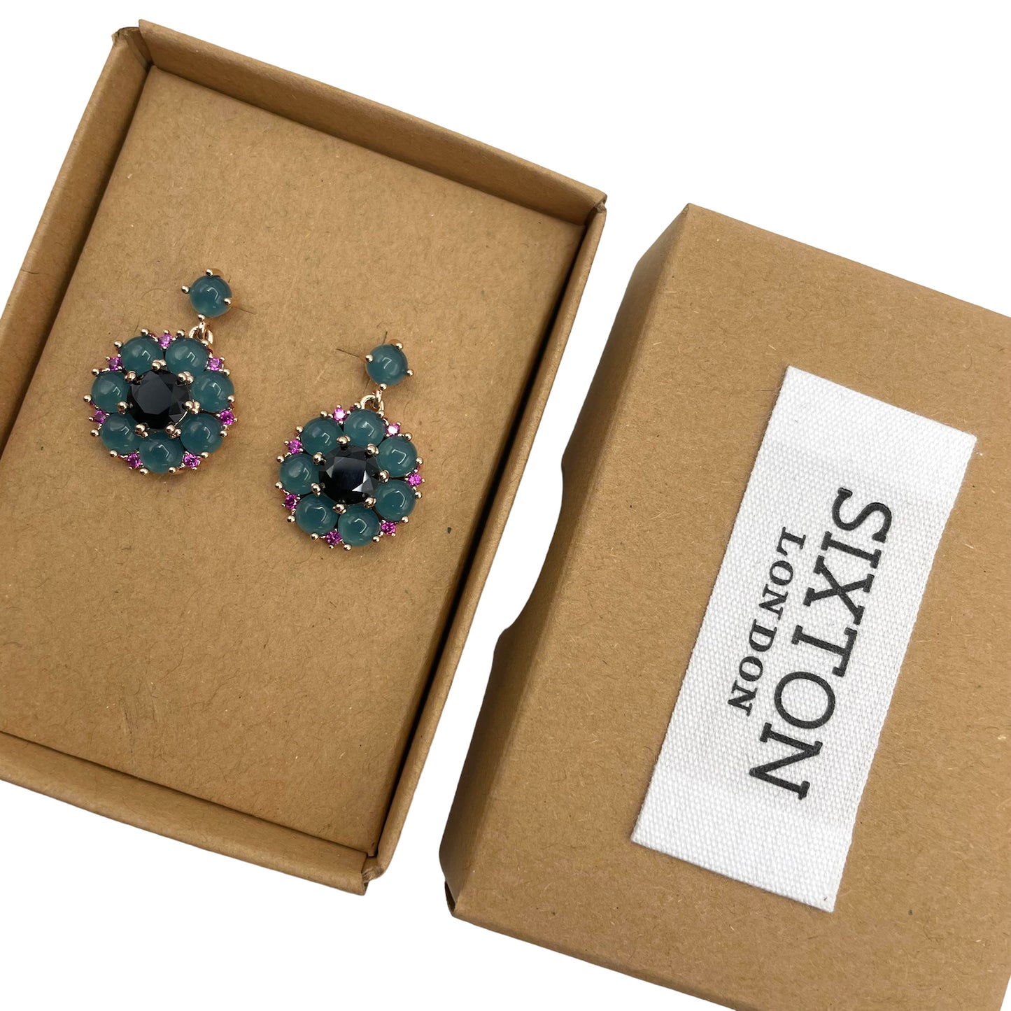 Teal flower drop earrings