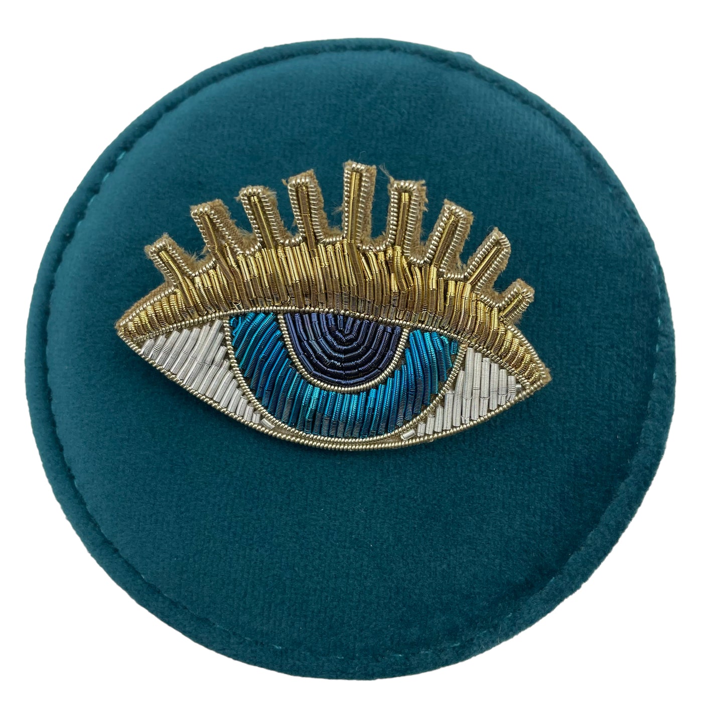 Jewellery travel pot teal - recycled velvet - blue eyes gold lashes