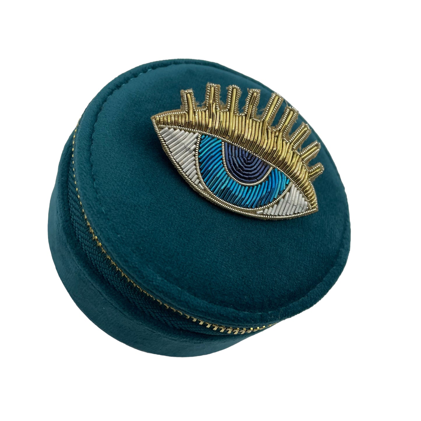 Jewellery travel pot teal - recycled velvet - blue eyes gold lashes