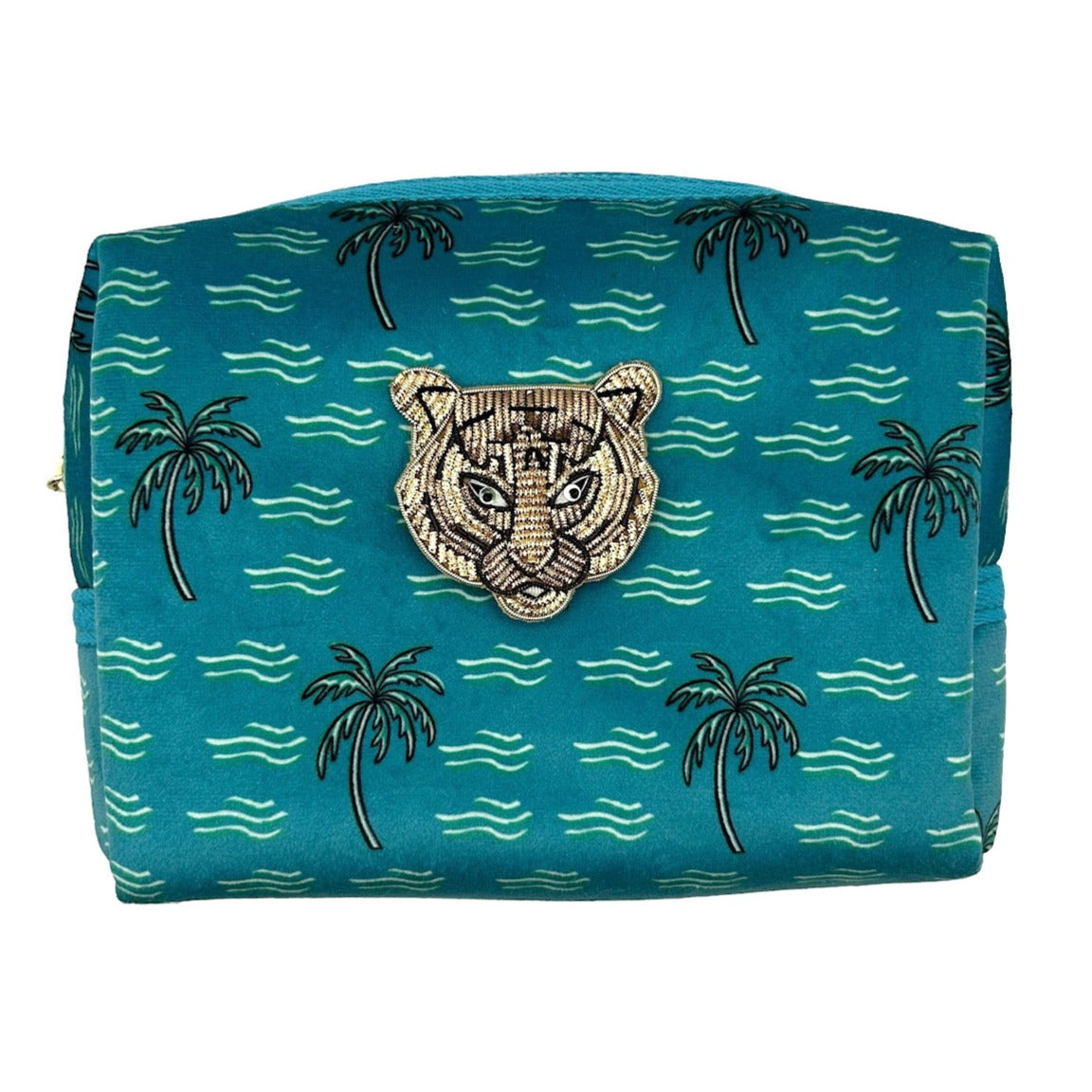 Teal palm large make-up bag & tiger brooch - recycled velvet, large and small