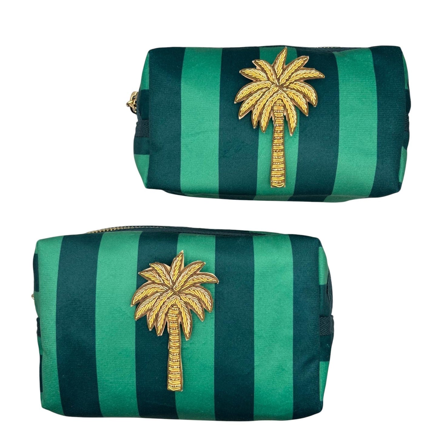 Large Teal stripe makeup bag with Palm Tree brooch