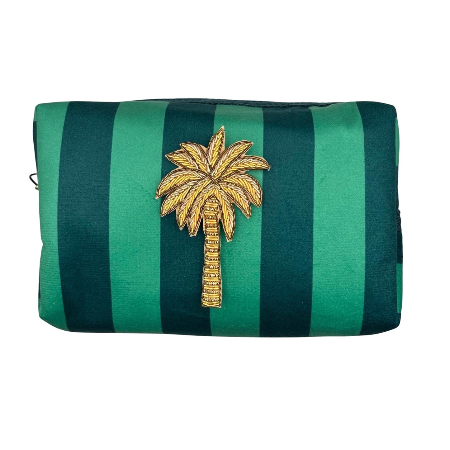 Large Teal stripe makeup bag with Palm Tree brooch