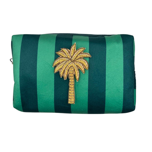 Large Teal stripe makeup bag with Palm Tree brooch
