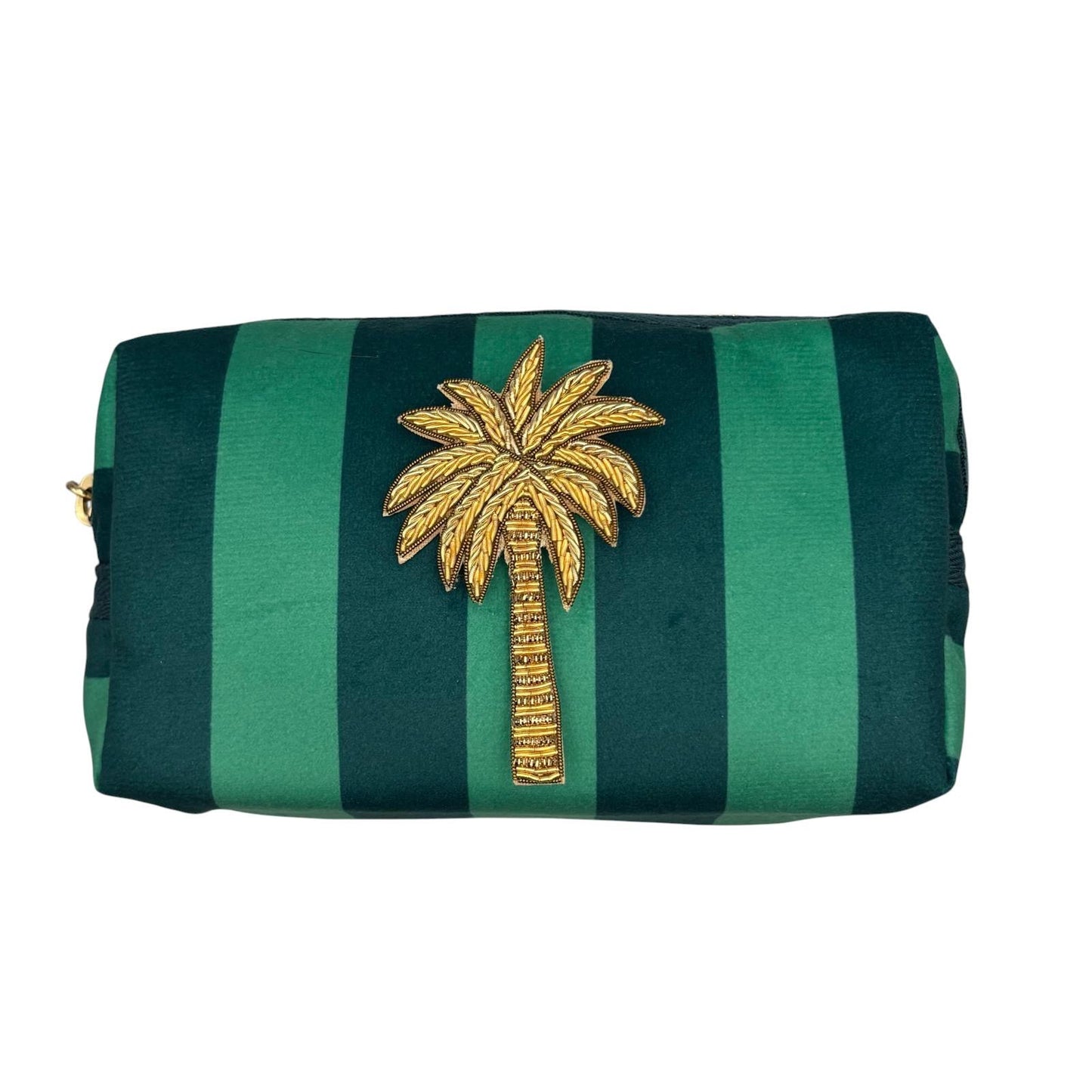 Small Teal stripe makeup bag with Palm Tree brooch