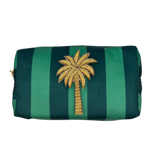 Small Teal stripe makeup bag with Palm Tree brooch