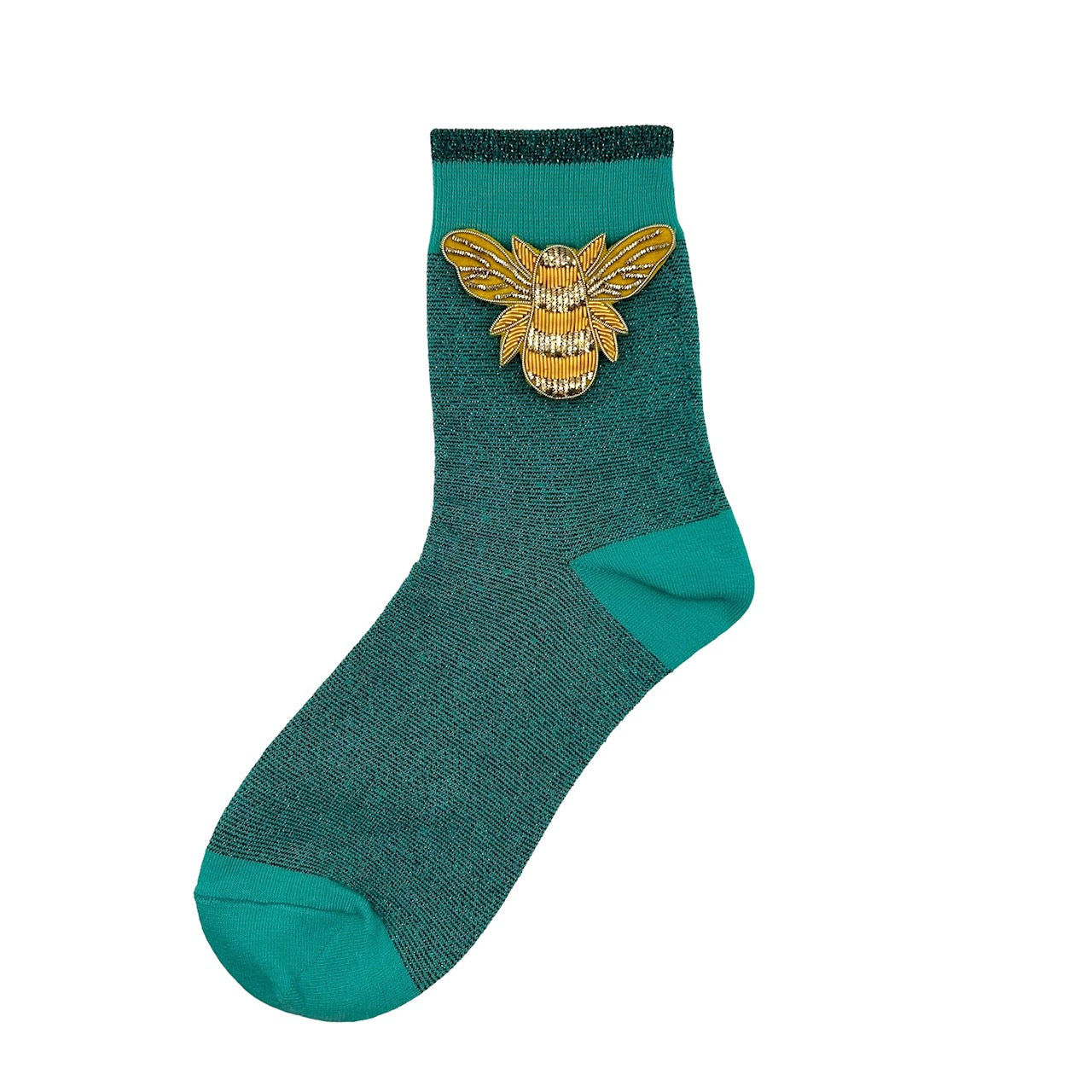 Tokyo socks in turquoise with a gold bee brooch