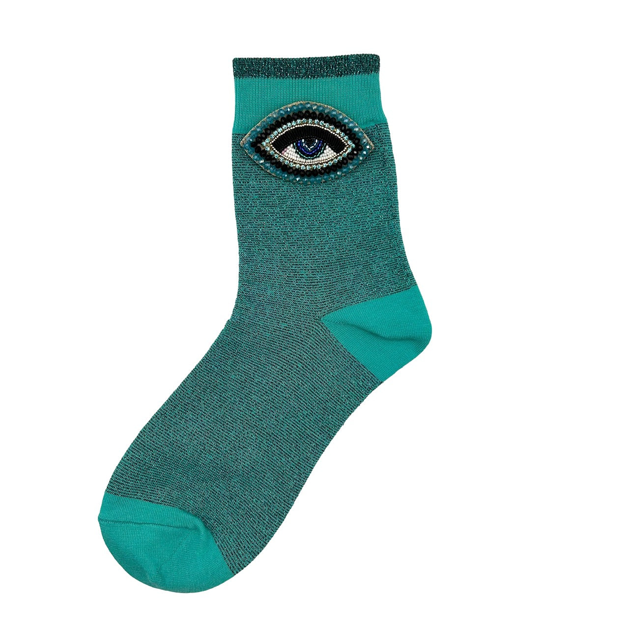 Tokyo socks in turquoise with a turquoise eye brooch