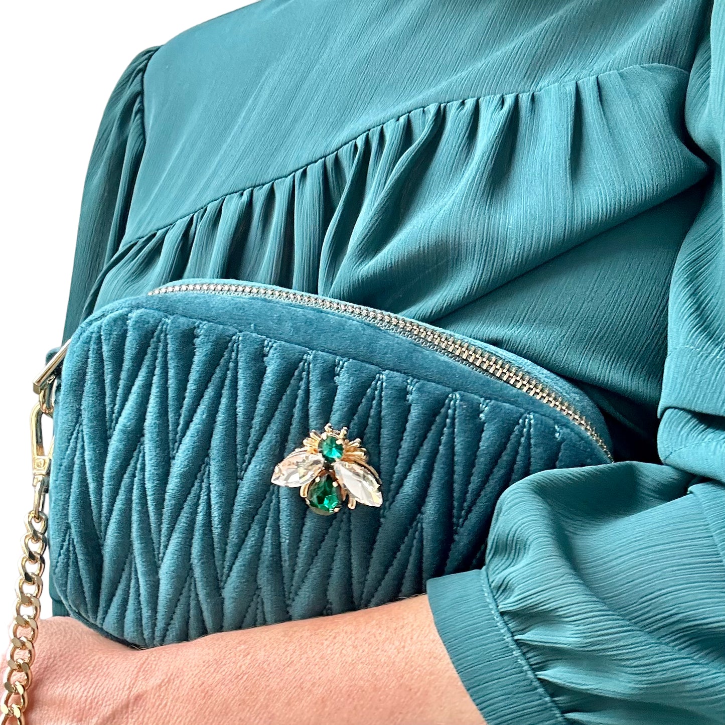 Velvet Rivington handbag in teal, recycled velvet