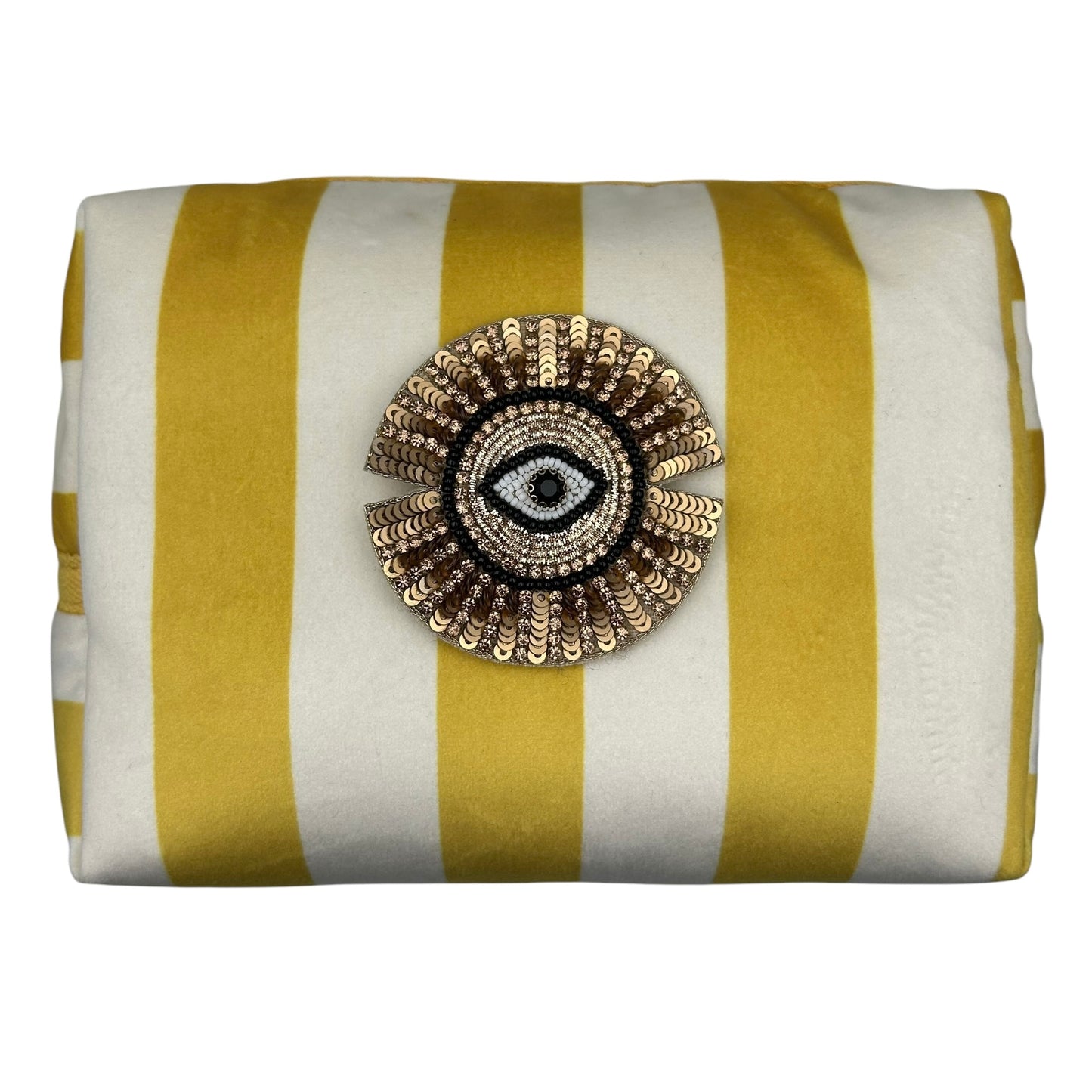Yellow stripe make-up bag with Sunray pin