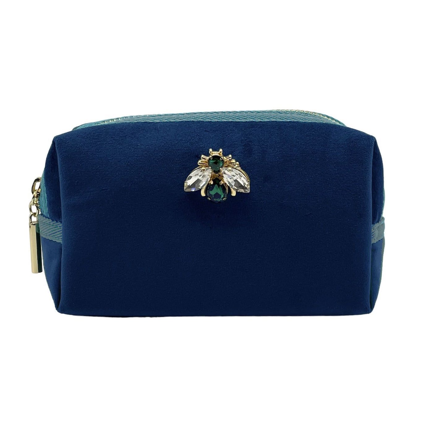 Blue make-up bag & luna bee pin - recycled velvet