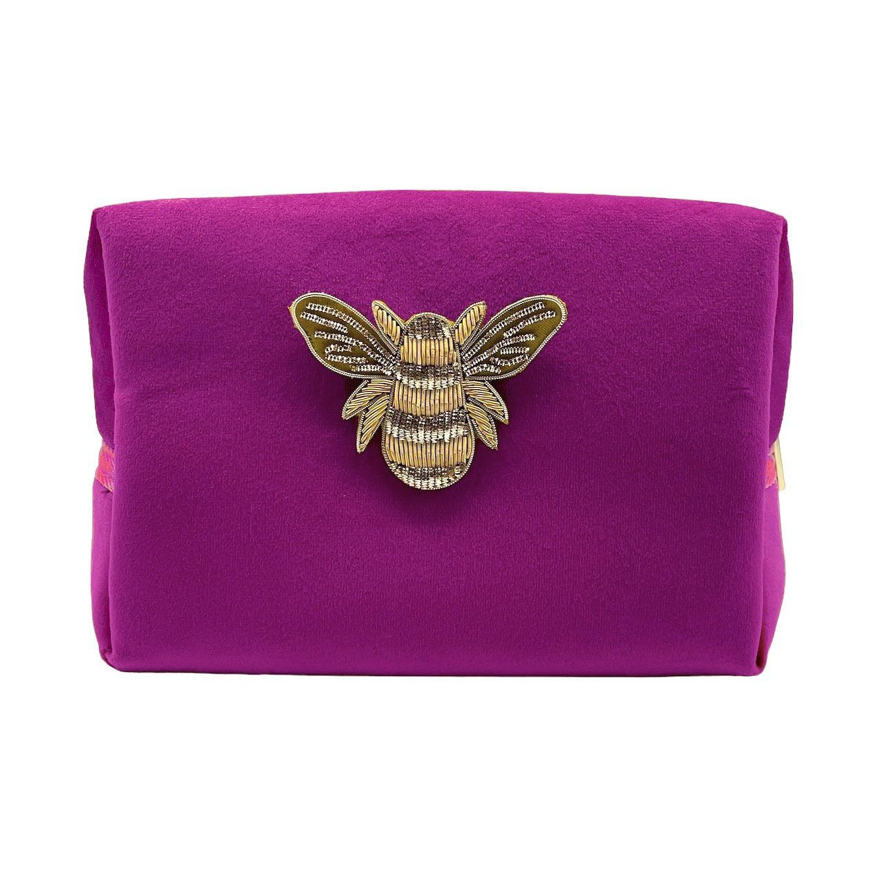 Fuchsia make-up bag & gold bee pin - recycled velvet