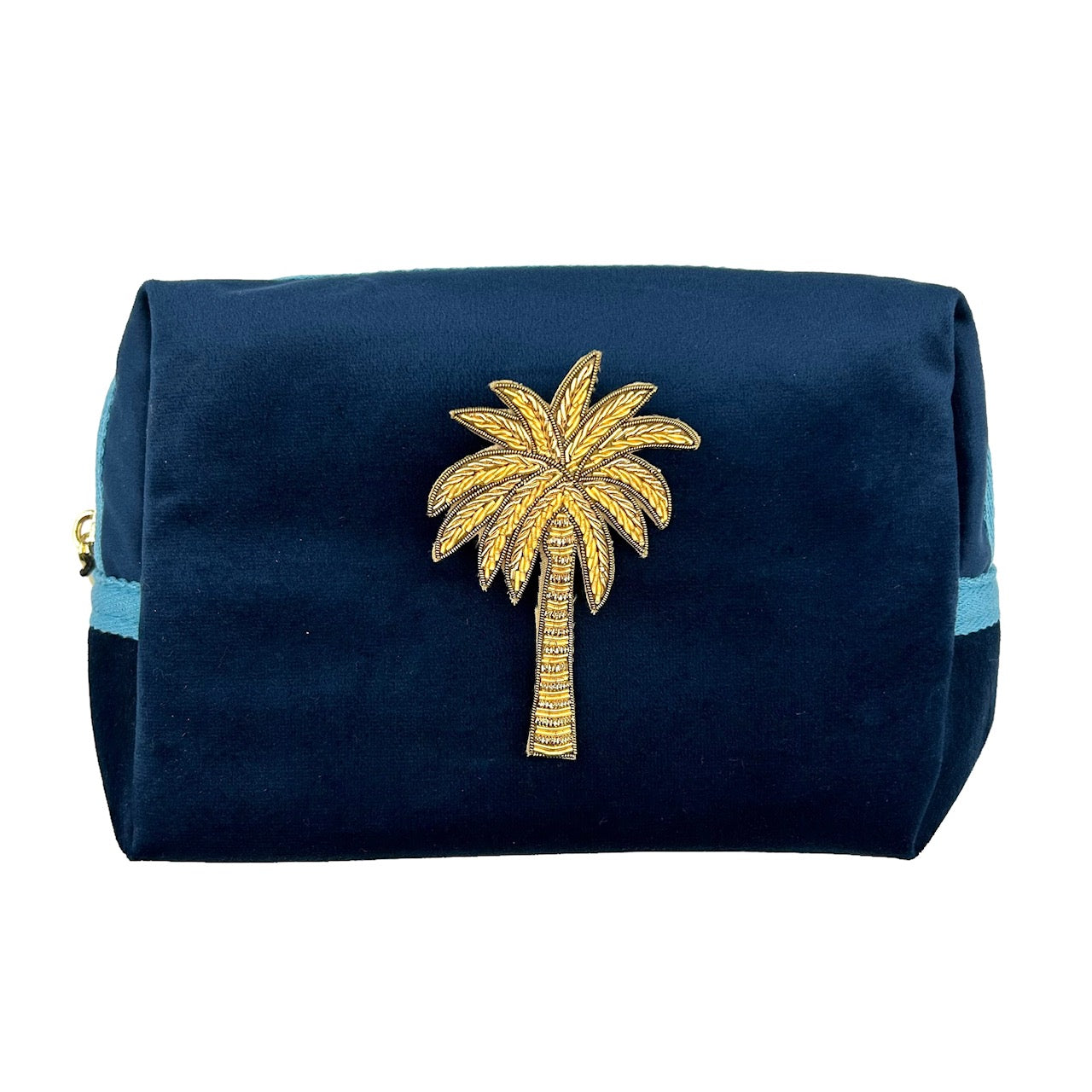 Blue make-up bag & gold palm tree - recycled velvet