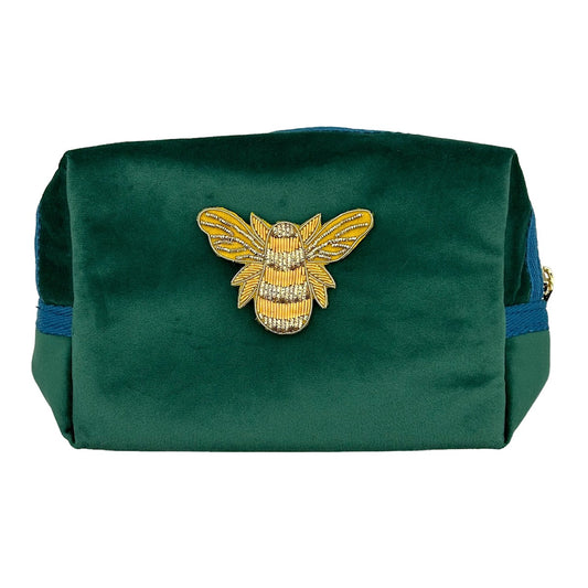 Green make-up bag & gold bee pin - recycled velvet