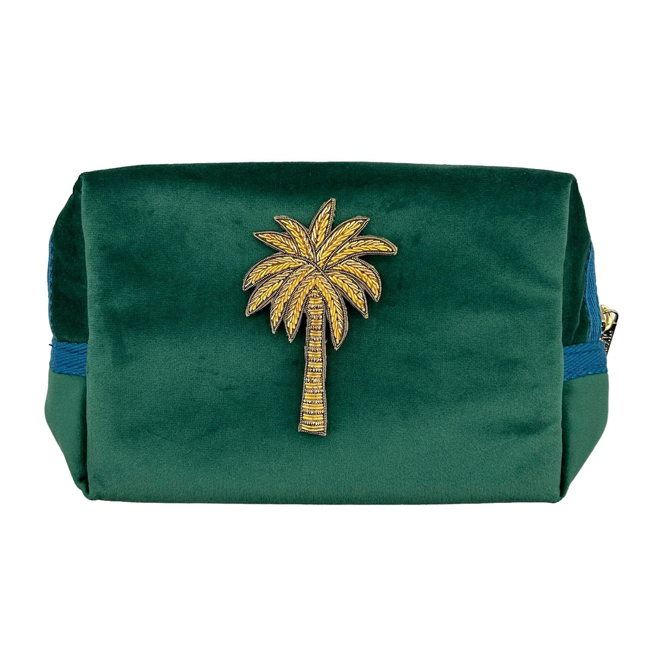 Green make-up bag & gold palm tree - recycled velvet