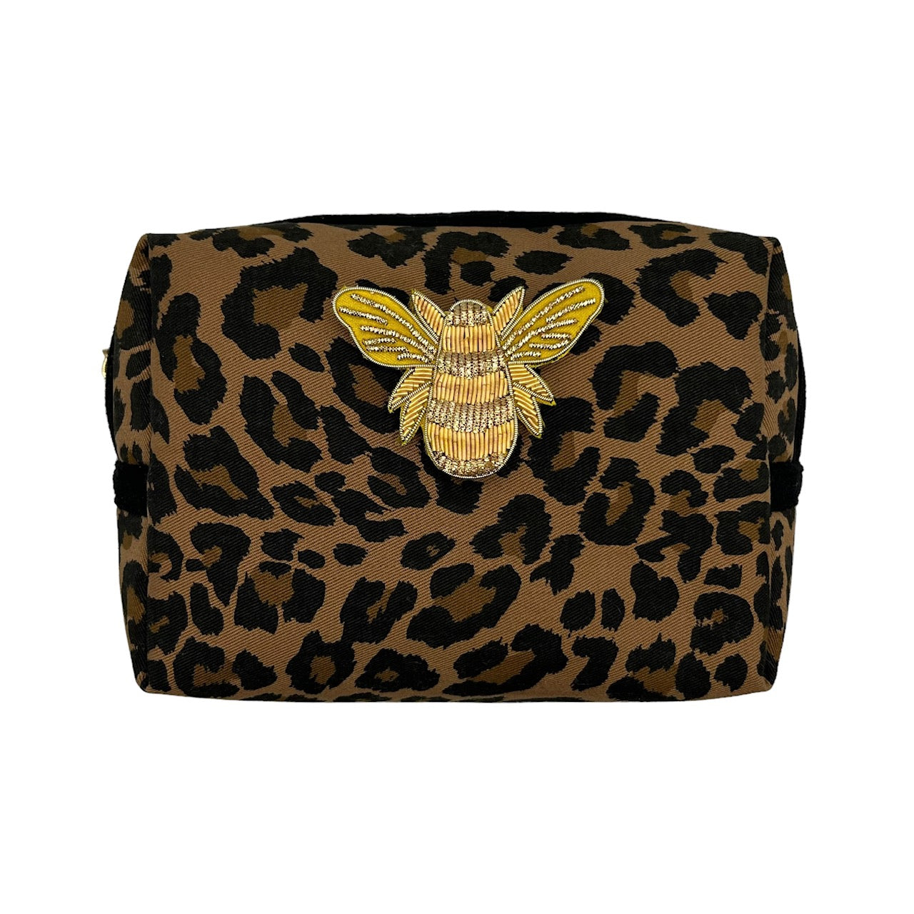 Leopard print make-up bag, large and small, with a gold bee brooch