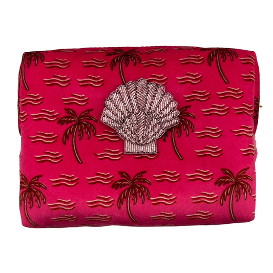 Pink palm make-up bag & pink shell brooch - recycled velvet, large and small