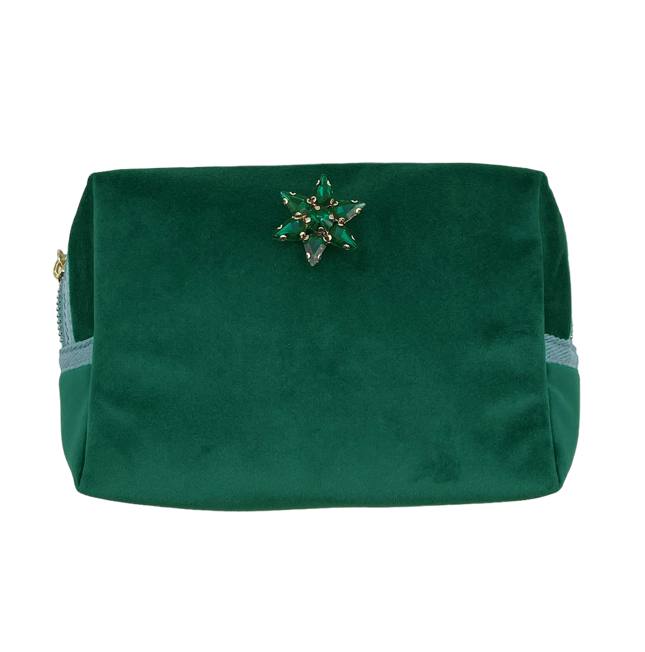 Green make-up bag & sparkle star pin - recycled velvet