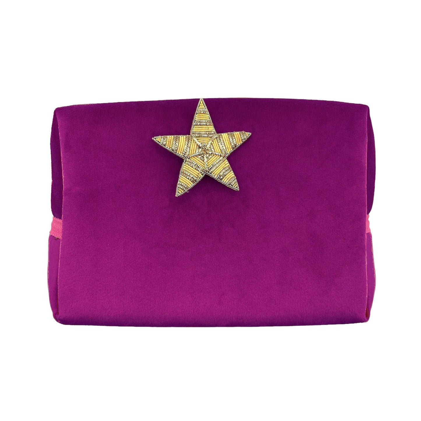 Fuchsia make-up bag & gold star pin - recycled velvet