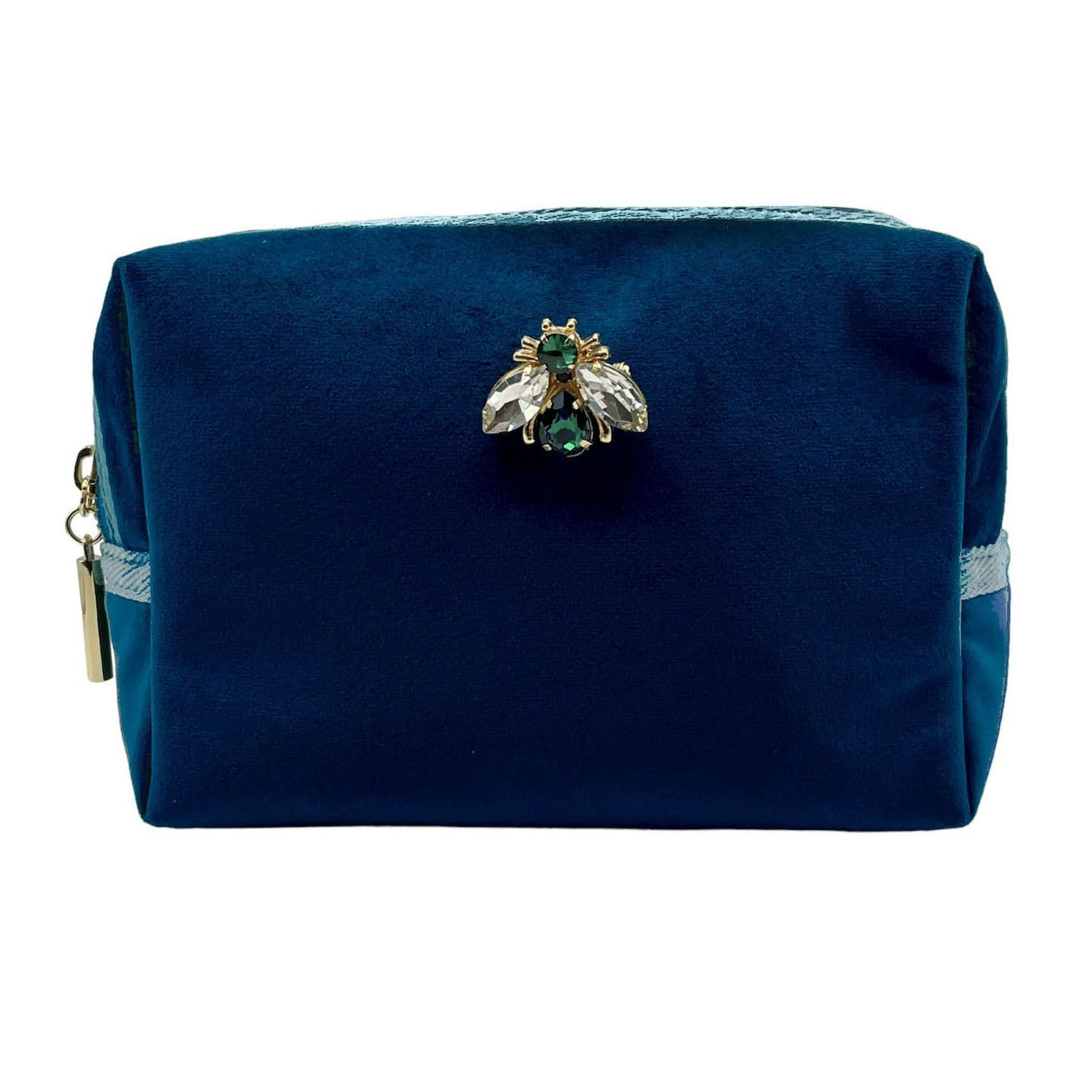 Blue make-up bag & luna bee pin - recycled velvet