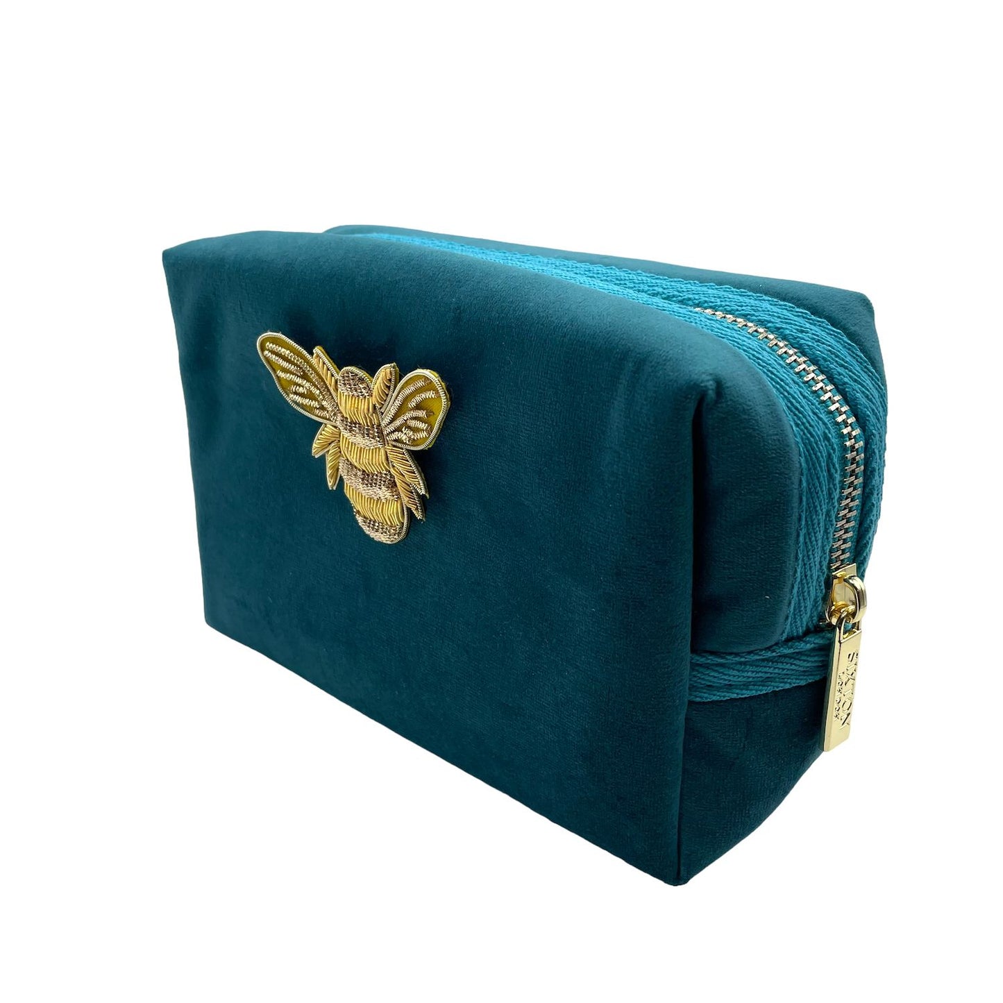 Teal make-up bag & gold bee pin - recycled velvet