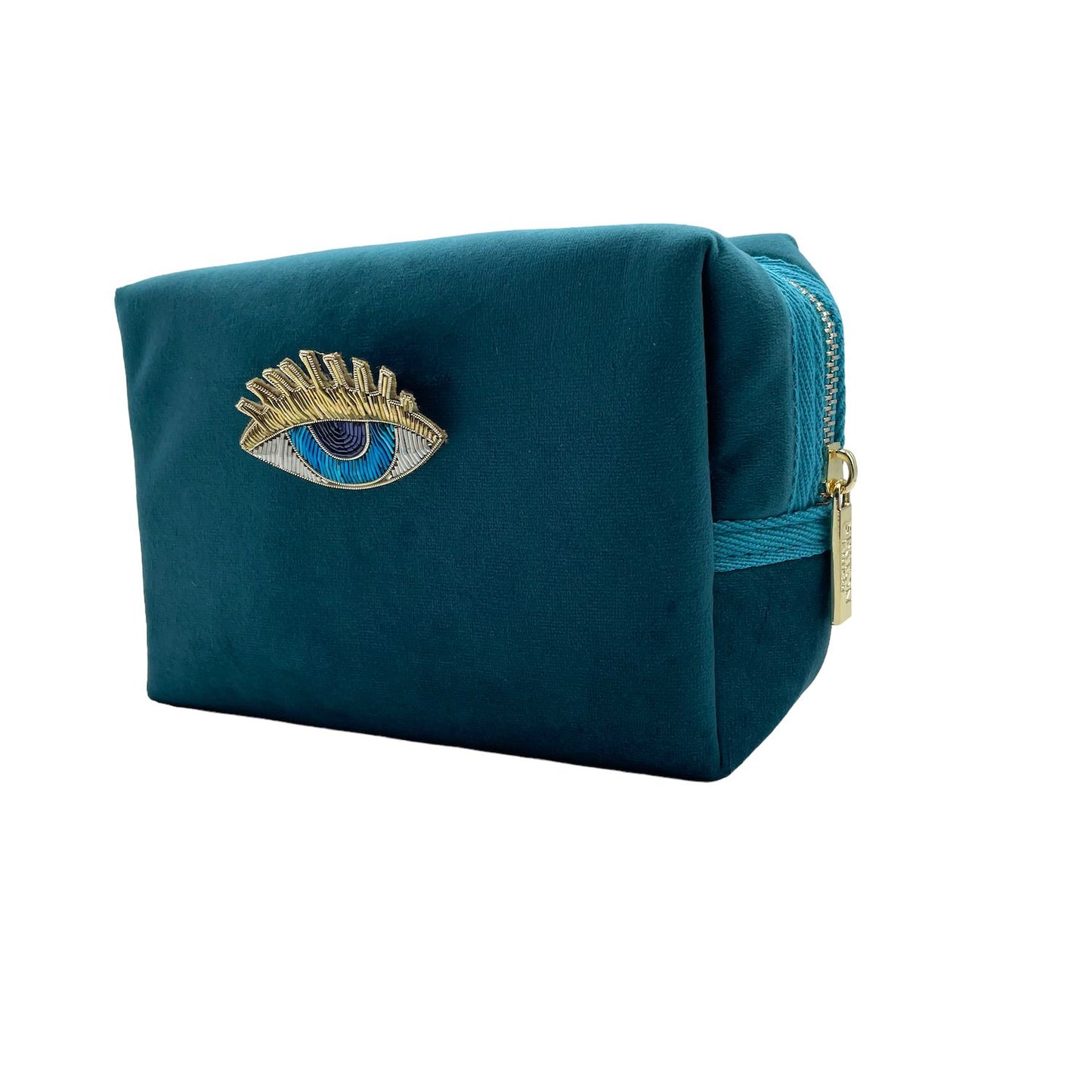Teal make-up bag & blue eyes gold lashes pin - recycled velvet