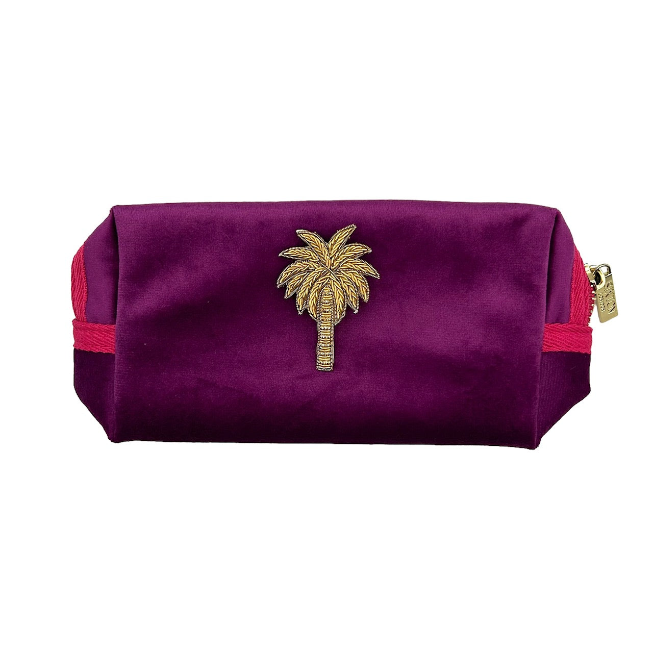 Fuchsia make-up bag & gold palm tree - recycled velvet