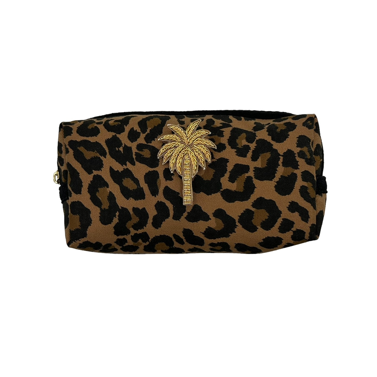 Leopard print make-up bag, large and small, with a palm tree brooch