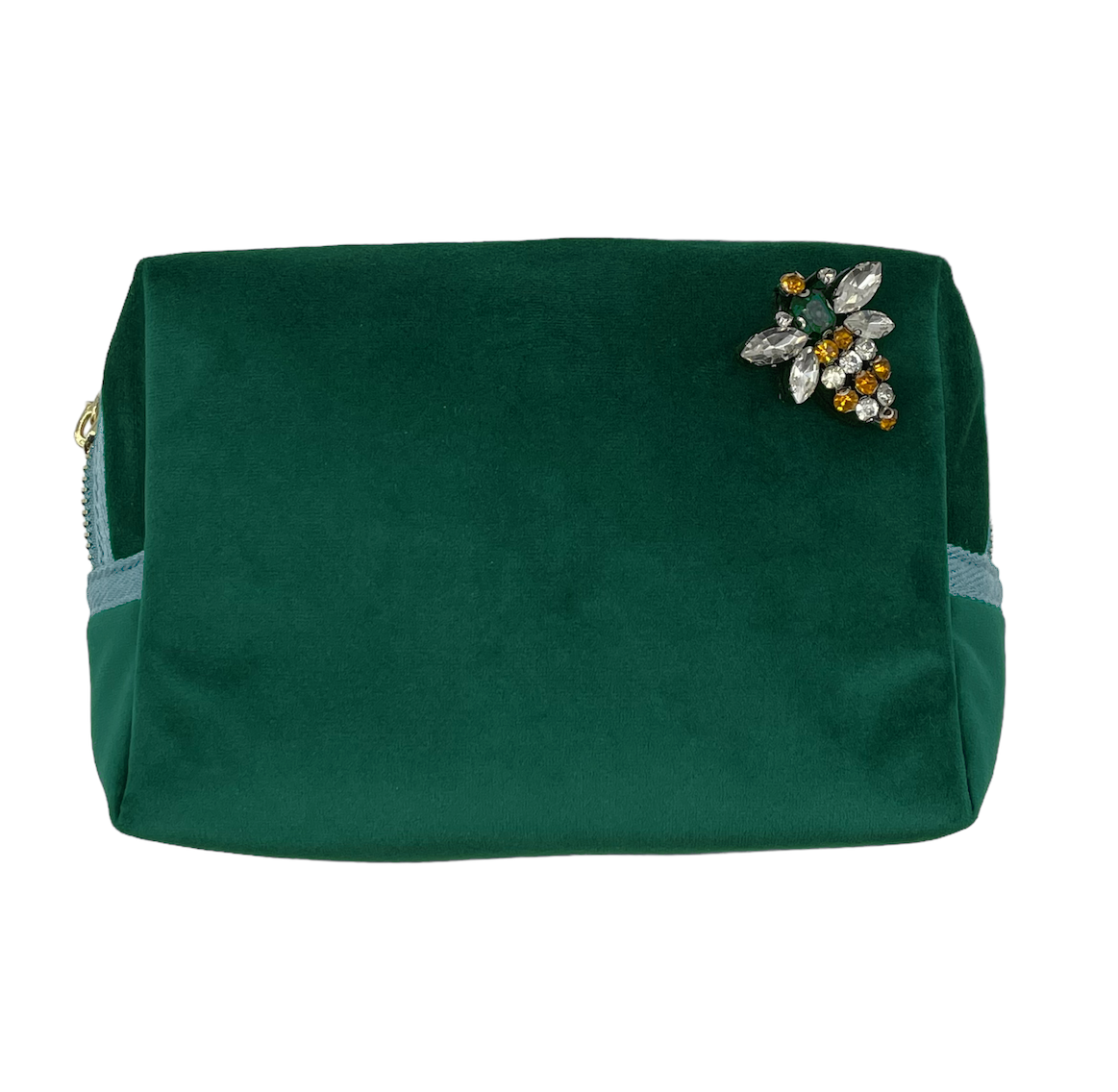 Green make-up bag & queen bee pin - recycled velvet