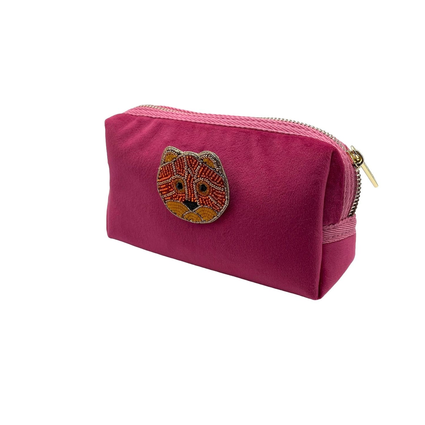 Bright pink make-up bag and a cat pin - recycled velvet