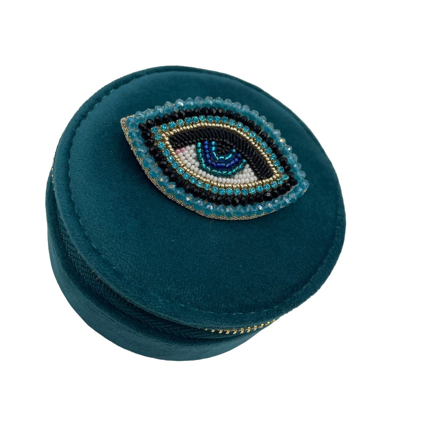 Jewellery travel pot teal - recycled velvet - turquoise eye pin