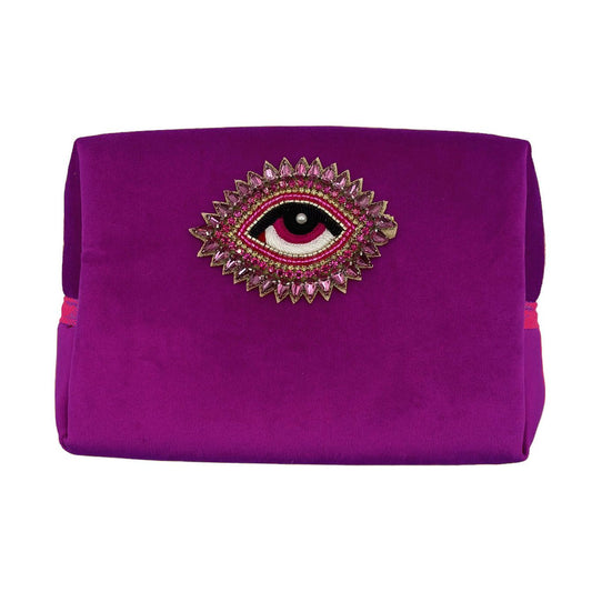 Fuchsia make-up bag & rose eye pin - recycled velvet