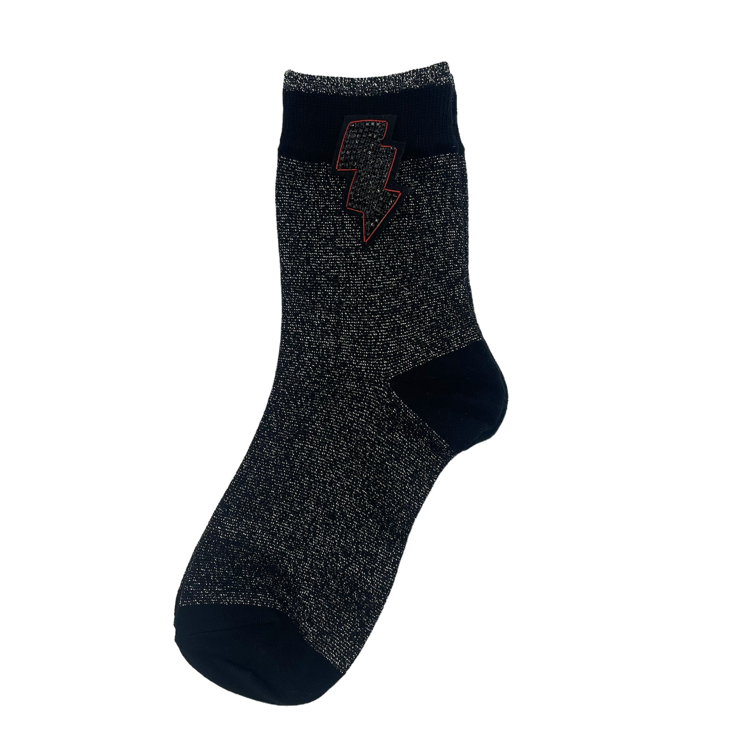 Tokyo socks in black with a large beaded lightning bolt pin