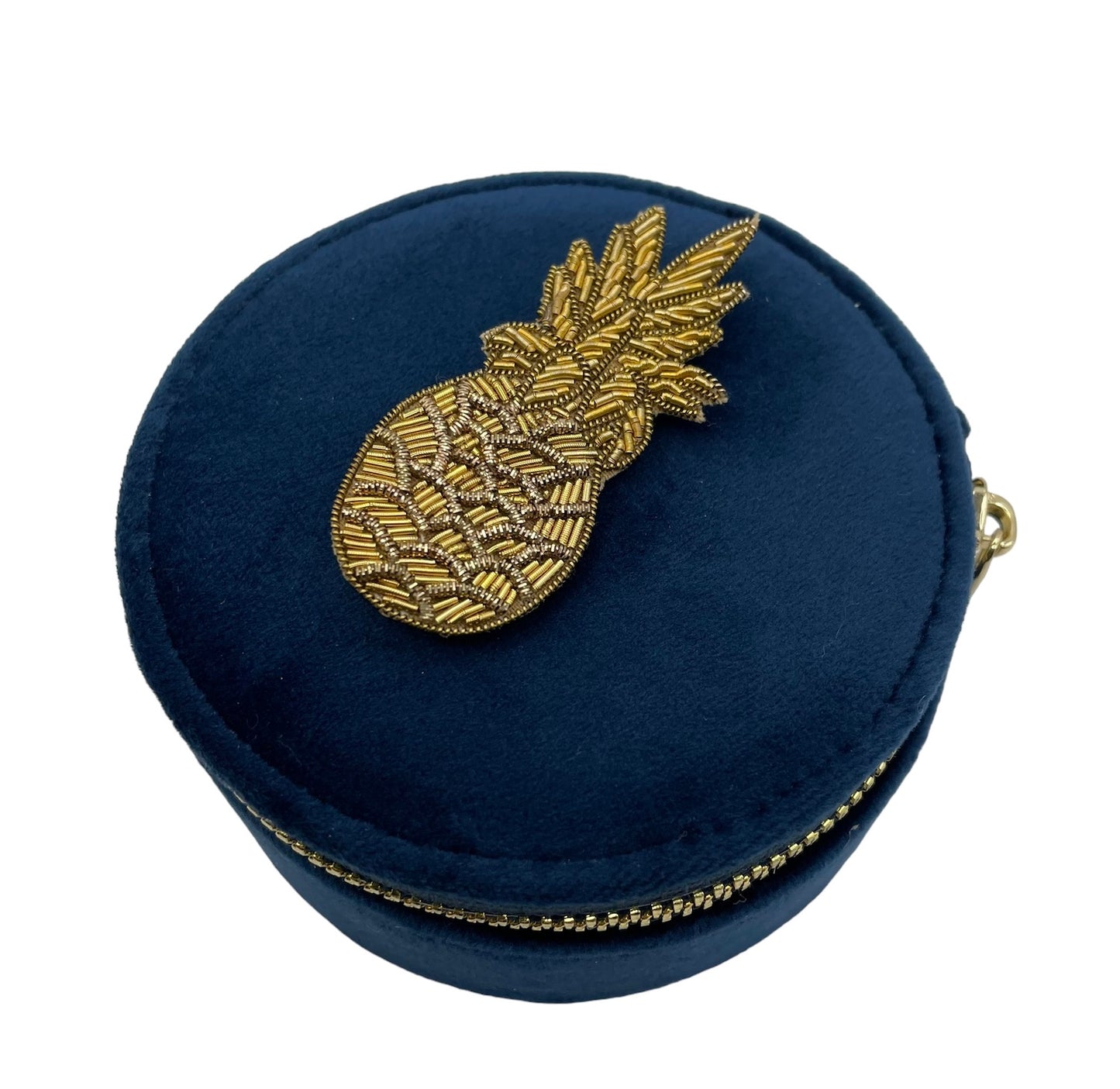 Jewellery travel pot in recycled velvet, blue with a pineapple pin