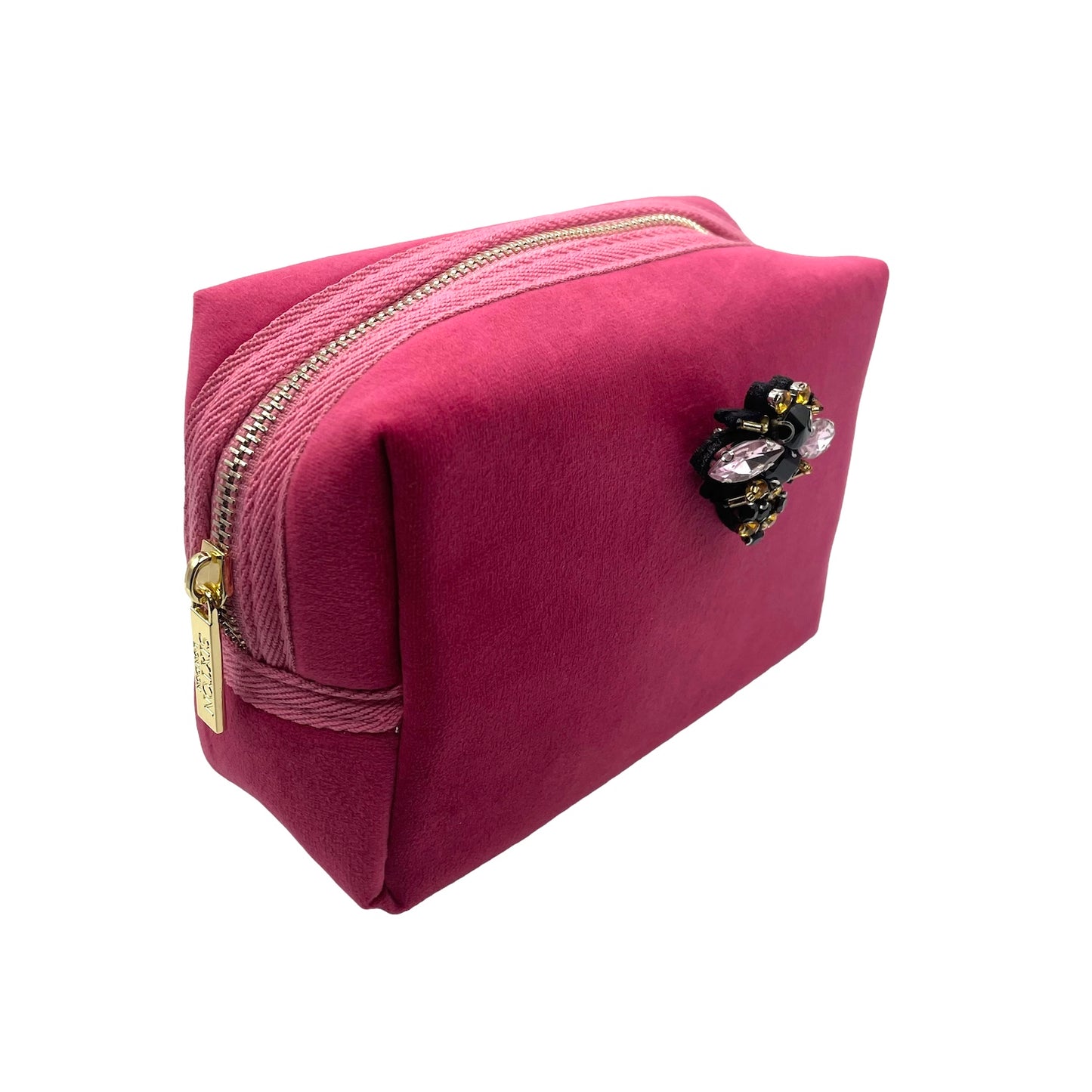 Bright pink make-up bag & bumblebee pin - recycled velvet