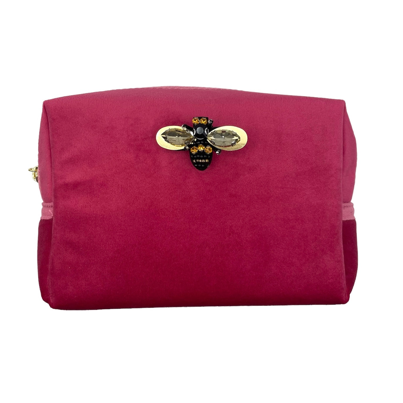 Bright pink make-up bag & bumblebee pin - recycled velvet