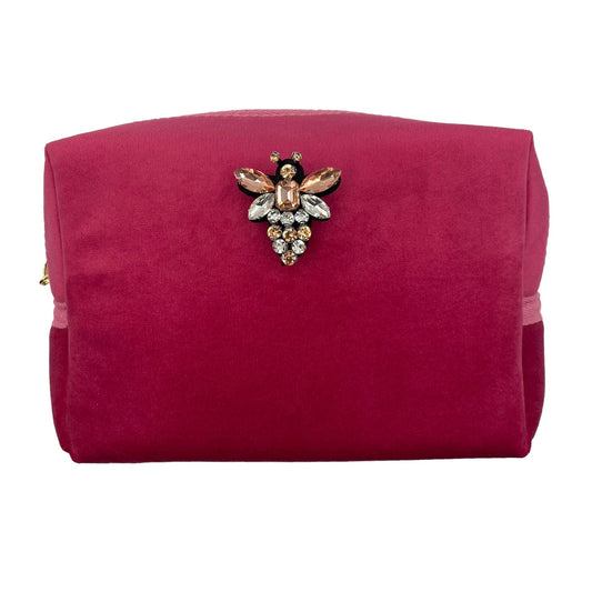 Bright pink make-up bag & queen bee pin - recycled velvet