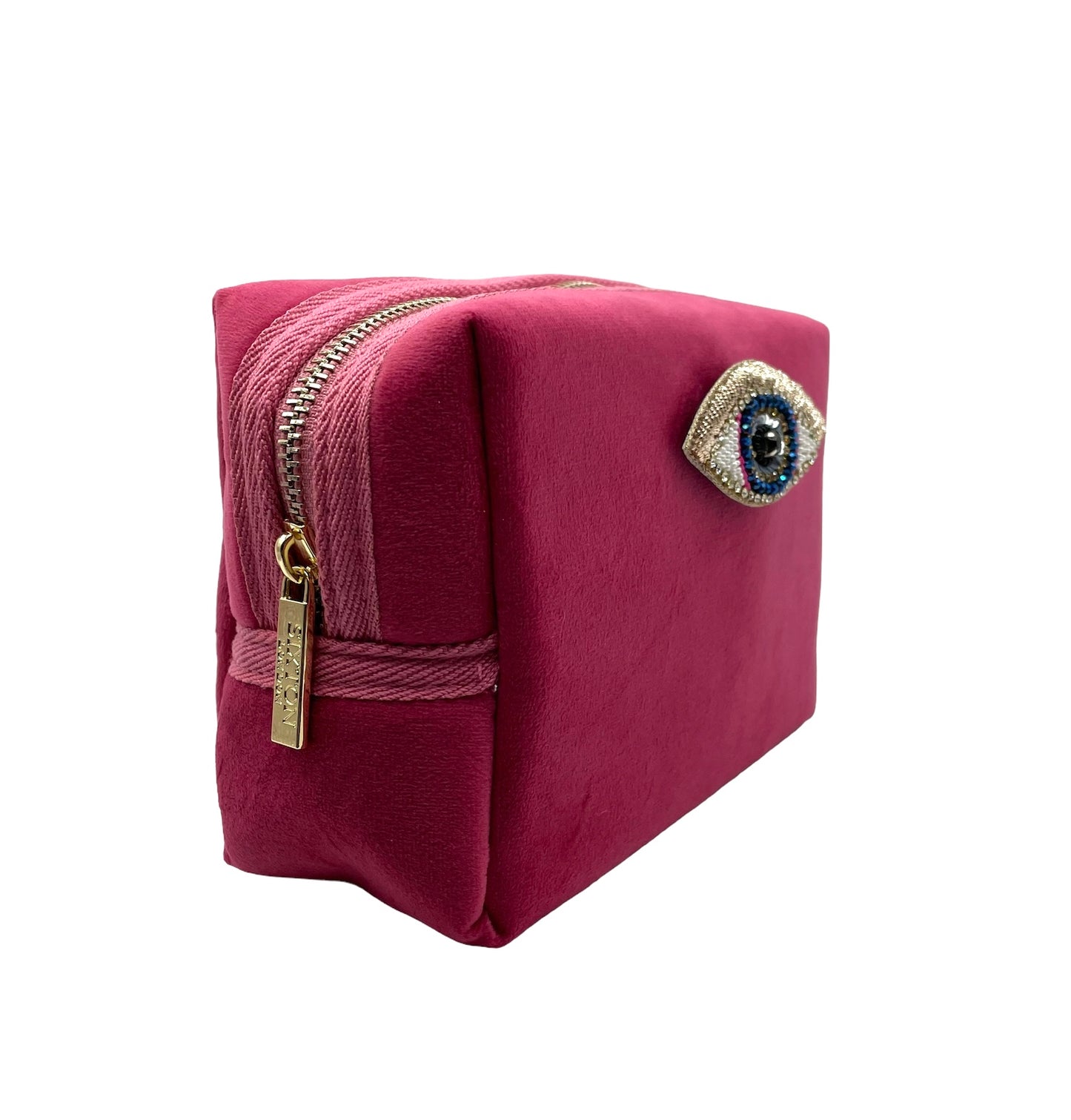 Bright pink make-up bag & golden eyes pin - recycled velvet