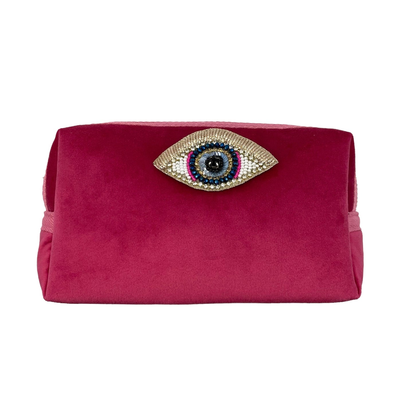 Bright pink make-up bag & golden eyes pin - recycled velvet