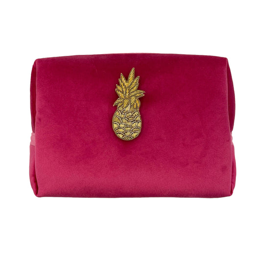 Bright pink make-up bag & pineapple pin - recycled velvet