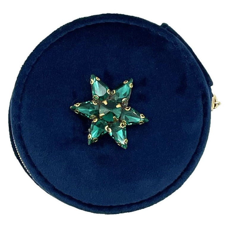 Jewellery travel pot in recycled velvet, blue with sparkle star pin