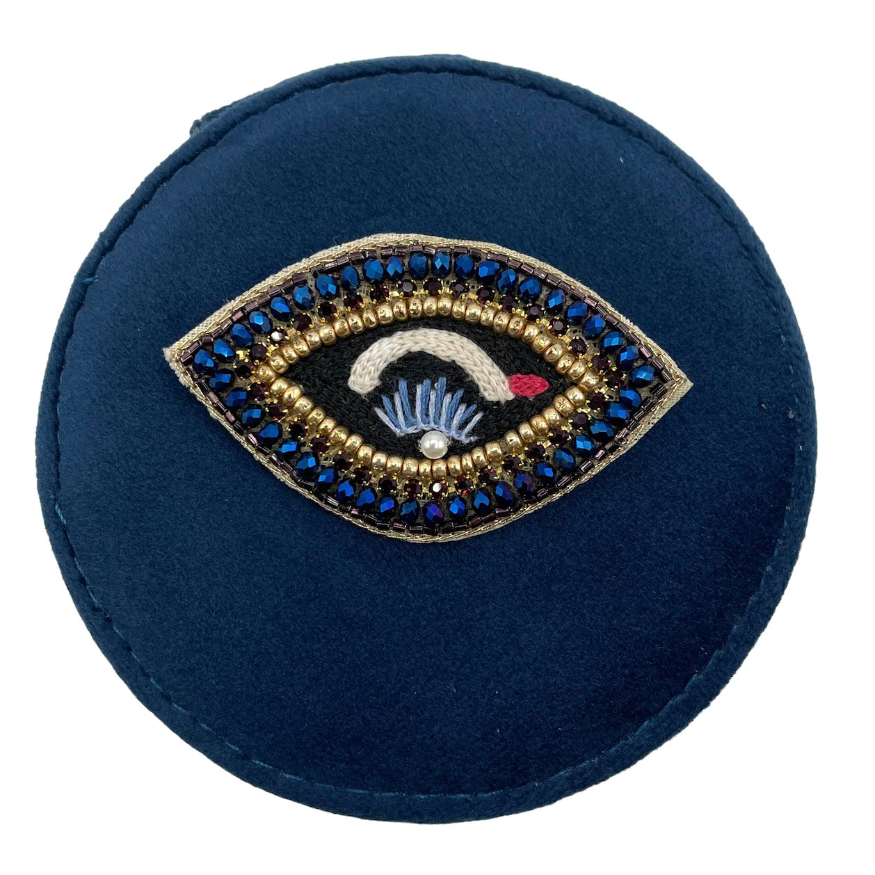 Jewellery travel pot in recycled velvet, blue with a blue eye pin